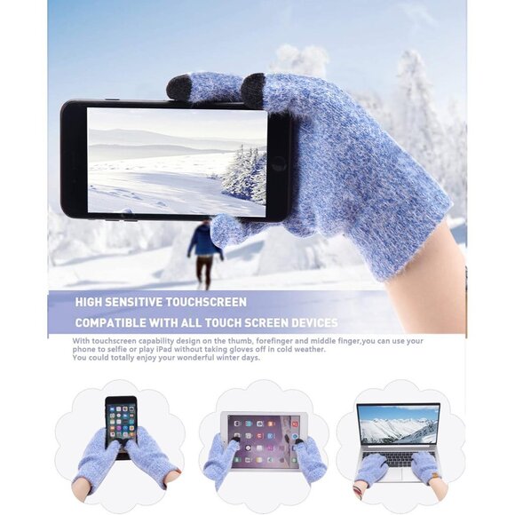 Women's Blue Warm Knit Beanie Hat Touchscreen Gloves Long Neck Scarf Set - Picture 4 of 6